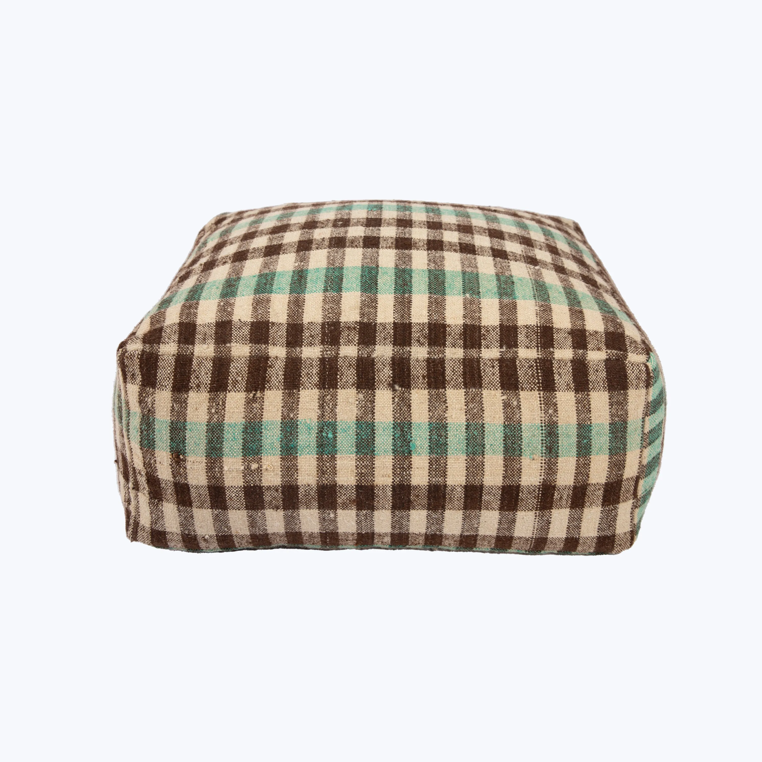 Vintage Plaid Grain Sack Square Pouf, Brown   Aqua