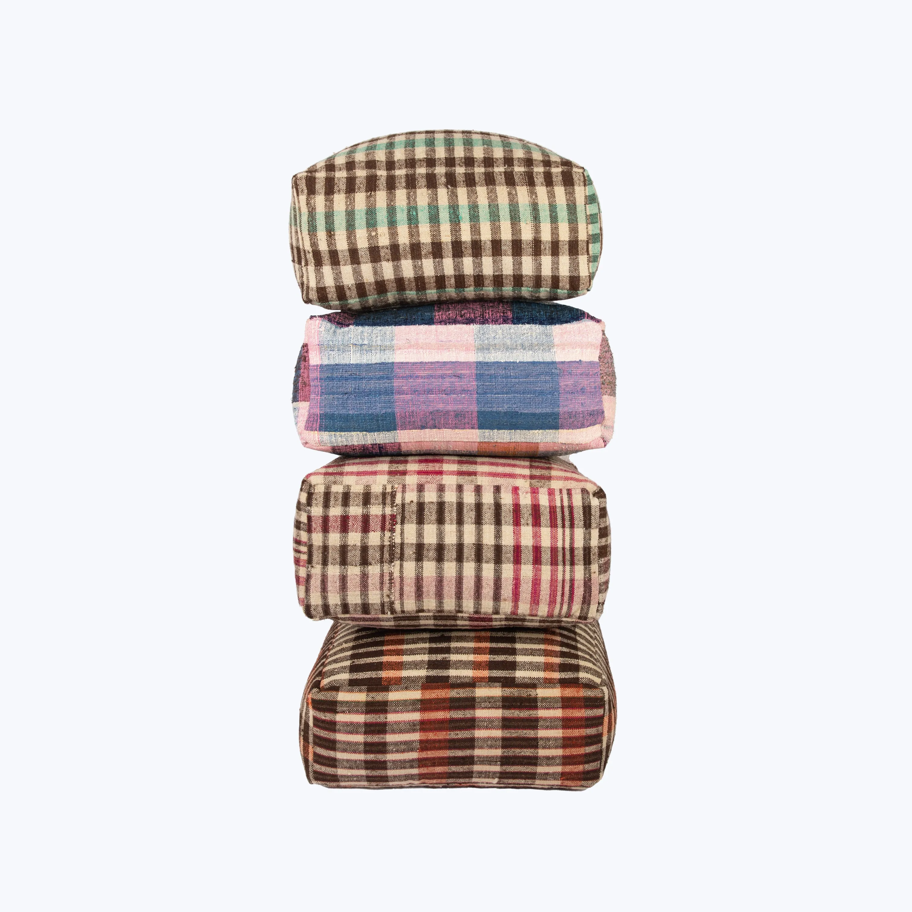 Vintage Plaid Grain Sack Square Pouf, Brown   Aqua